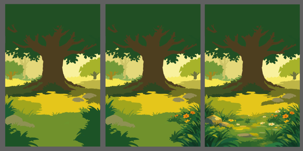 Three-step WIP of a forest clearing background with a large tree, showing added foliage and ground detail.