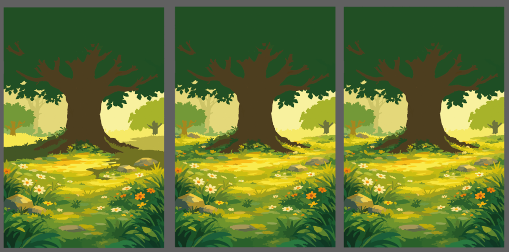 Three WIP variations of the same forest clearing scene with flowers and a large tree, focusing on color and detail polish.