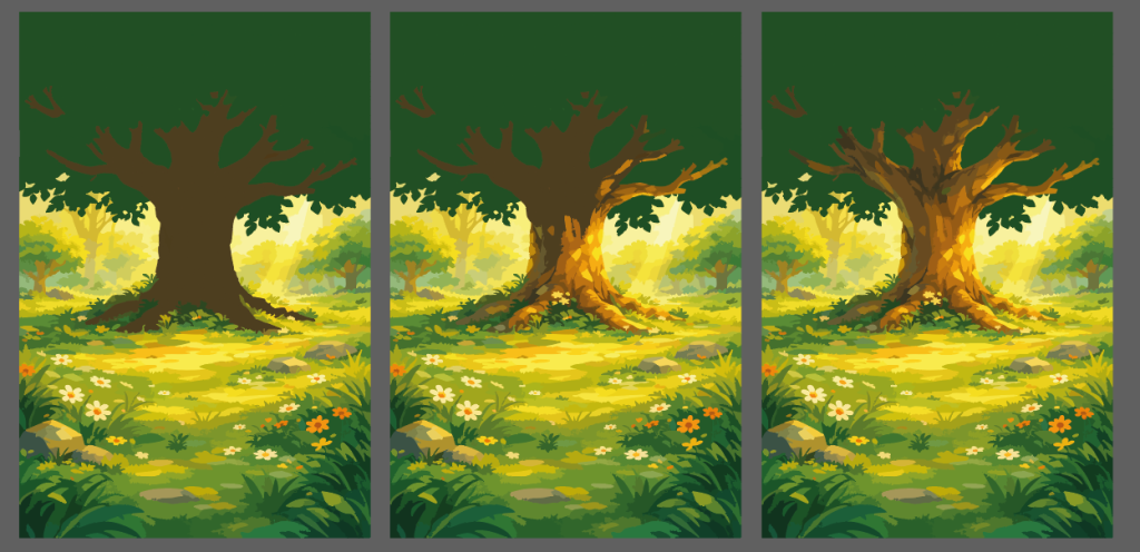 Three WIP versions of a forest clearing background showing increasing lighting and shading on the tree trunk.